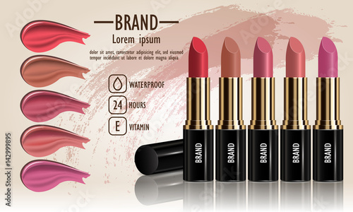 Cosmetics set of female lipstick cream and liquid smears different various of colors for makeup, template for a posters, banners, logos, realistic mockup vector illustration.