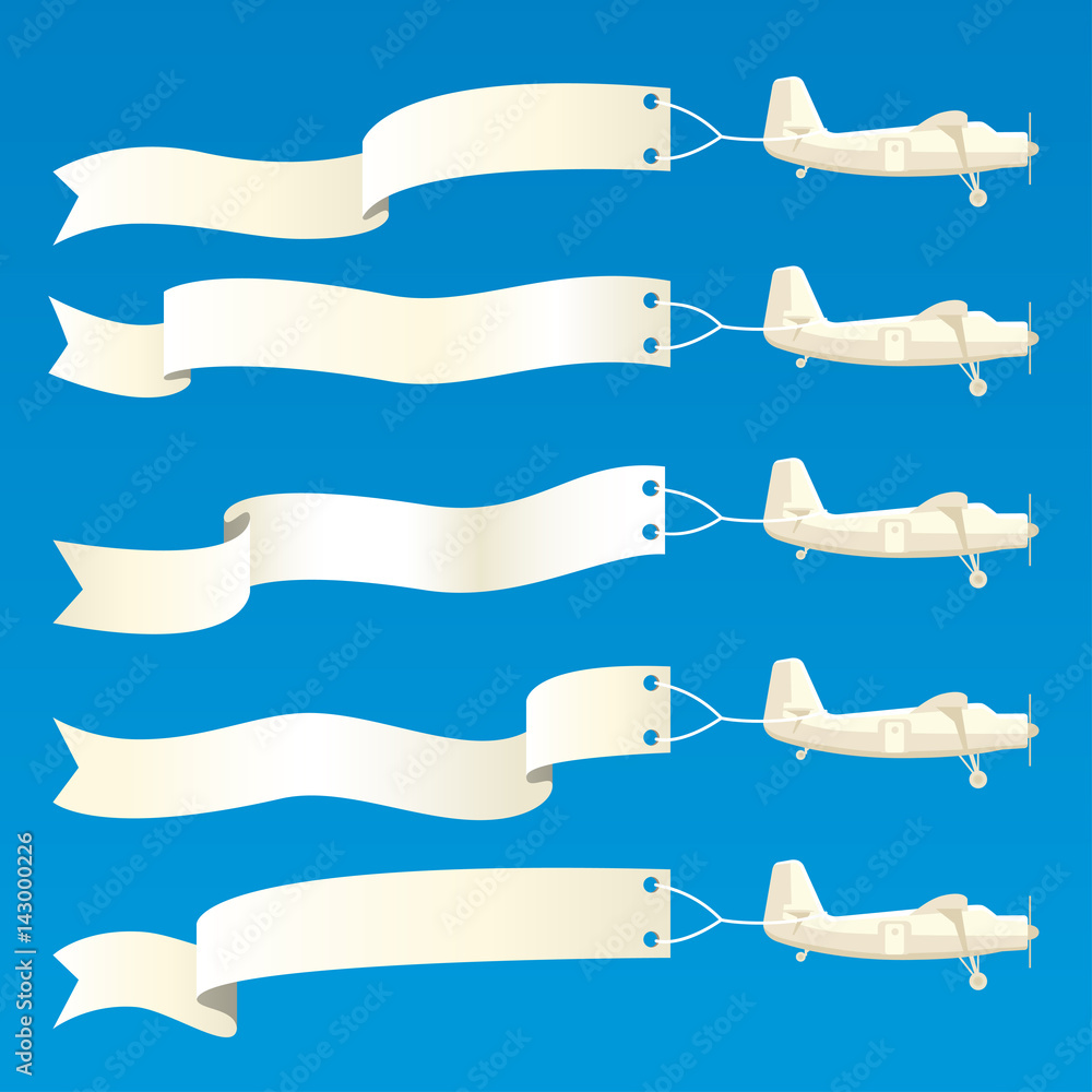 Flying vintage planes with different banners. Vector illustration, template for text or infographics.