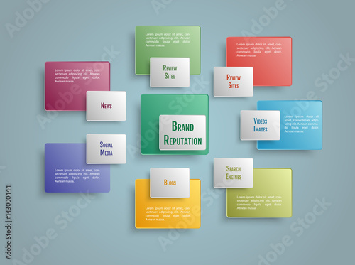 3d infographic concept with marketing research, strategy, mission, analytics pieces in perspective, social network exposure and reputation management.  For use in printing, posters, web design.