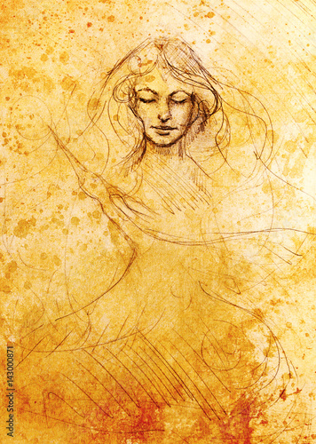 Wallpaper Mural drawing of beautiful contemplative woman face with flying phoenix bird on abstract background. Torontodigital.ca