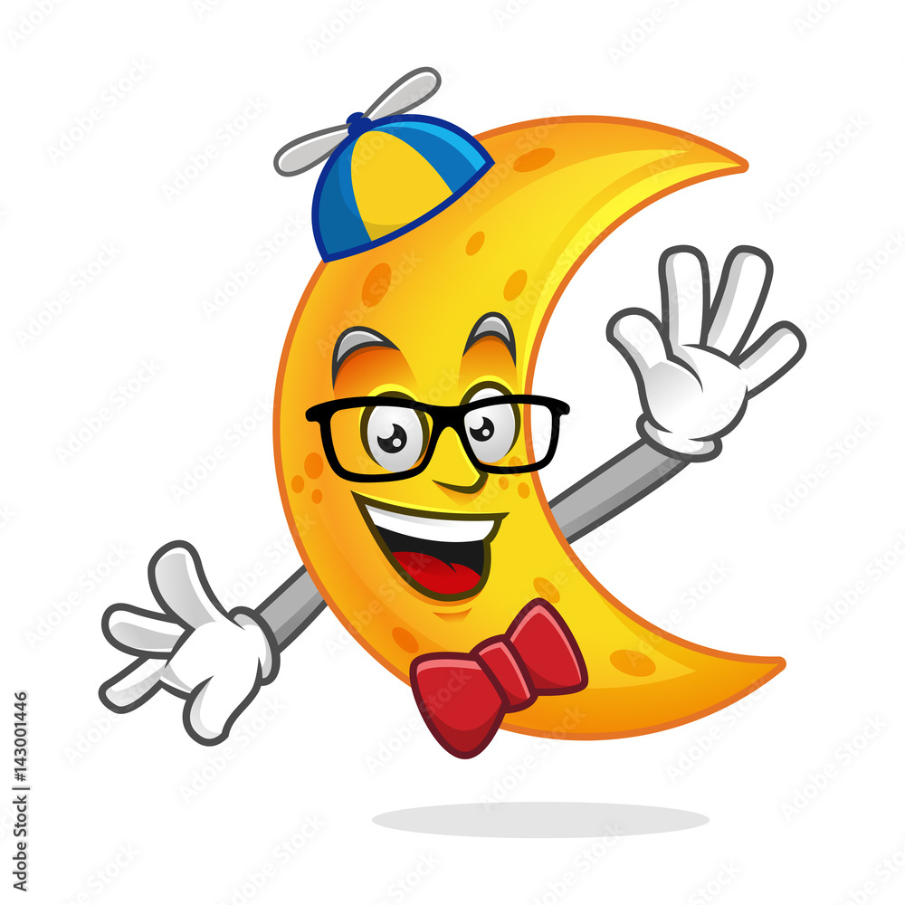 Obraz premium Nerd moon mascot, geek moon character, moon cartoon vector, Crescent Moon