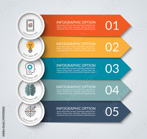 Infographic banner with arrow and circle design elements. Business concept with 5 options, steps, parts. Vector template that can be used as a chart, graph, diagram, workflow layout