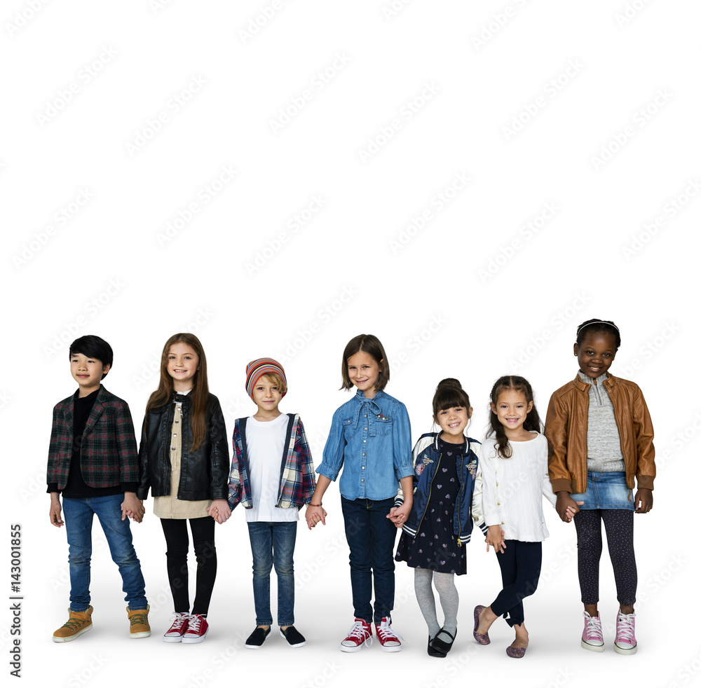 Group of Kids Holding Hands Face Expression Happiness Smiling on White Blackground Group of Kids Holding Hands Face Expression Happiness Smiling on White Blackground
