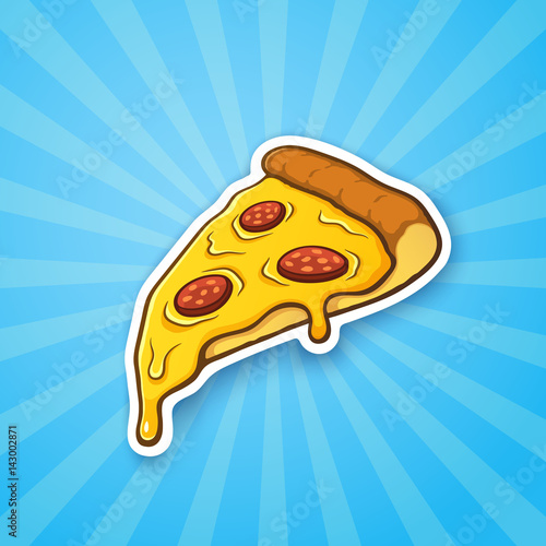 Vector illustration. Pizza slice with melted cheese and pepperoni on blue background with shining rays. Sticker in cartoon style with contour. For patches, prints for clothes, badges, posters, menus