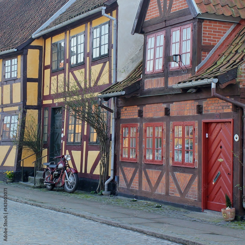 Historic, half-timbered houses in the old part of the town of Nyborg
