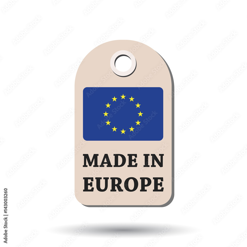 Hang tag made in Europe with flag. Vector illustration on white background.