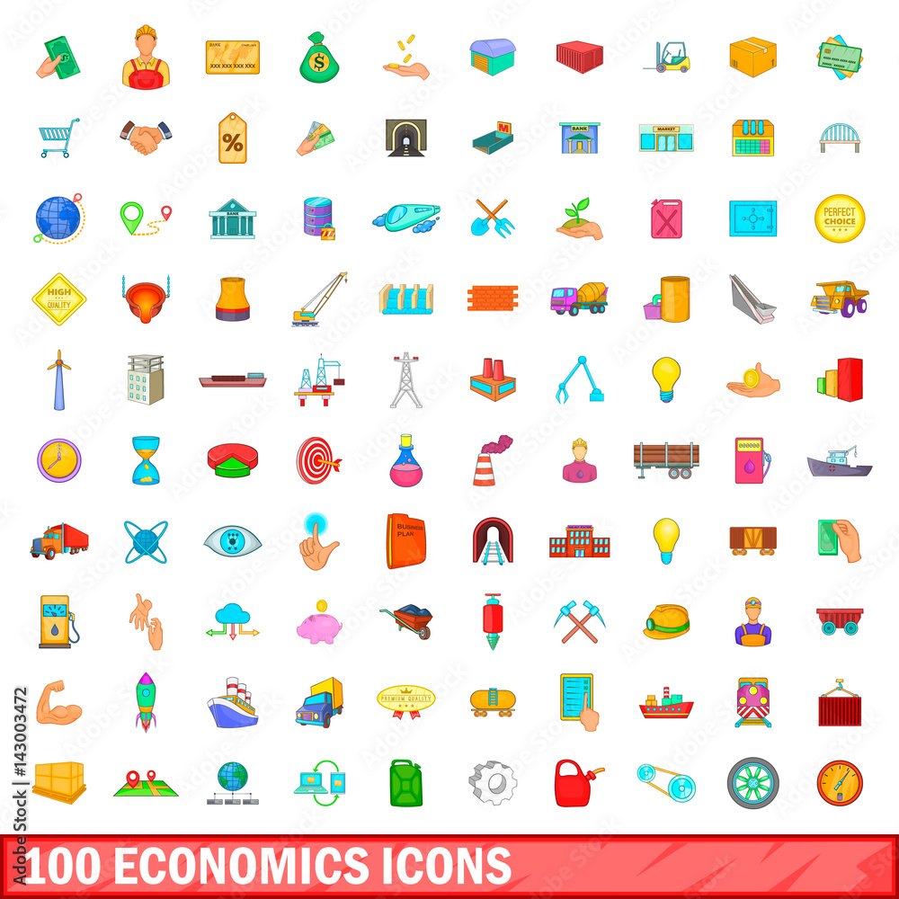 100 economics icons set, cartoon style 100 economics icons set, cartoon style