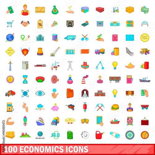100 economics icons set, cartoon style