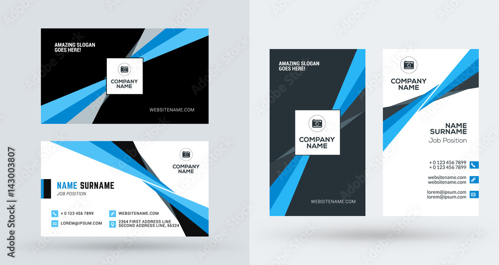 Double-sided creative business card template. Portrait and landscape orientation. Horizontal and vertical layout. Vector illustration