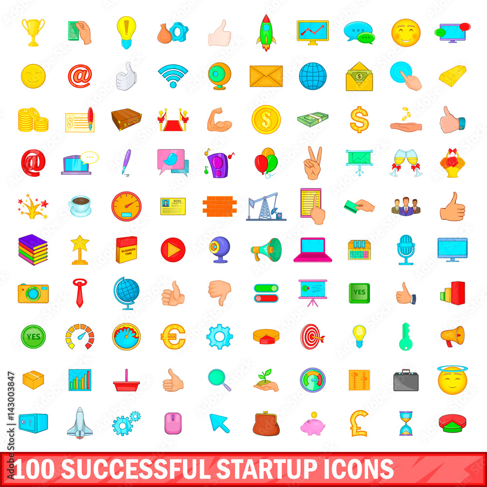100 successful startup icons set, cartoon style 100 successful startup icons set, cartoon style