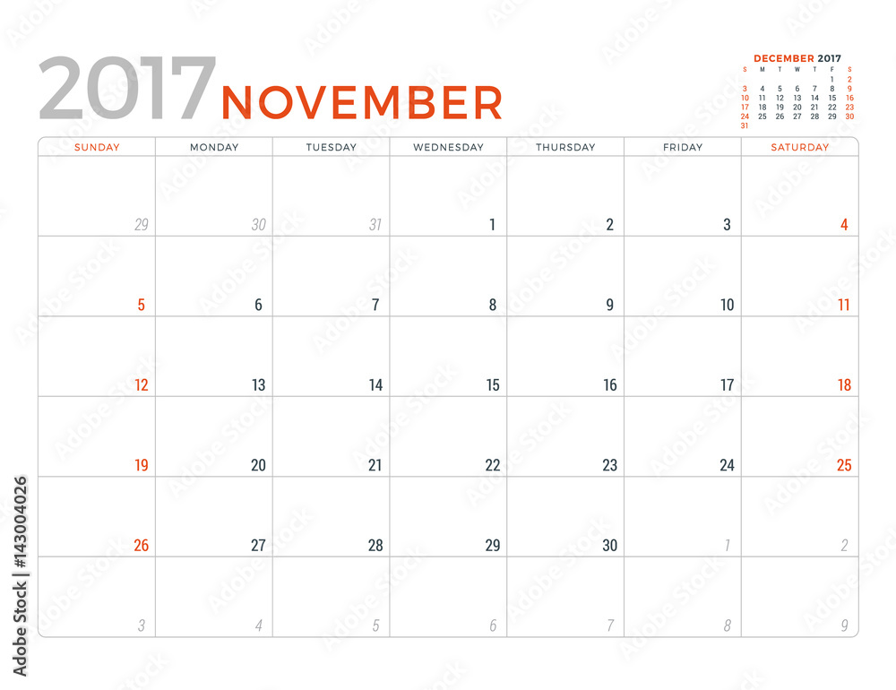 2017 Calendar Planner Vector Design Template. November. Week Starts Sunday 2017 Calendar Planner Vector Design Template. November. Week Starts Sunday