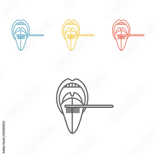 Cleaning tongue using toothbrush line icon.
