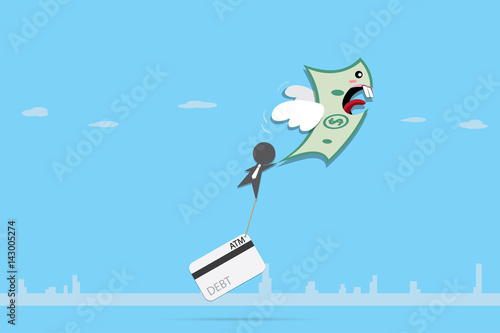 banknote flying with businessman and credit card left behind