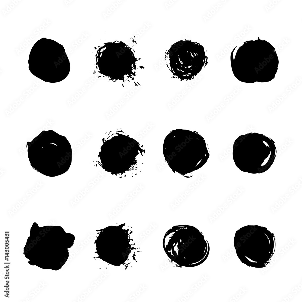 Set of brush hand drawn vector black ink circle stains isolated on the white. Set of brush hand drawn vector black ink circle stains isolated on the white.
