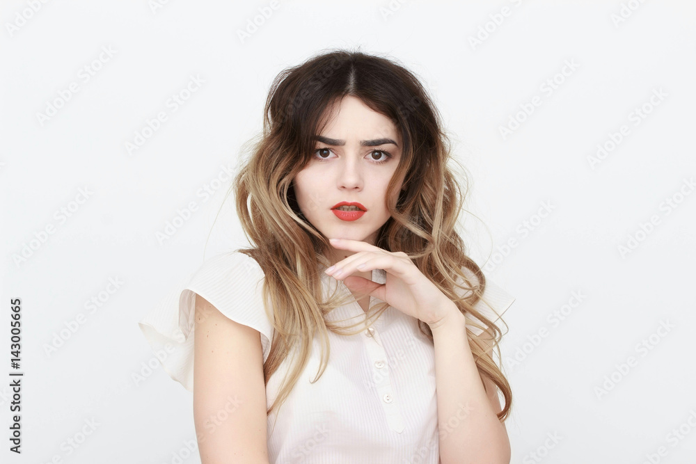 Smiling business woman shows emotion. isolated background Smiling business woman shows emotion. isolated background