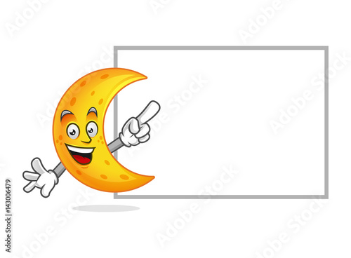 moon mascot pointing to a blank sign, moon character, moon cartoon vector, Crescent Moon
