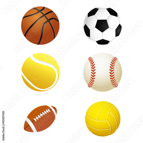 Sports balls. Set for soccer and tennis, rugby. Basketball and football balls