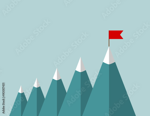 Landscape illustration. Mountains with flag. Succes. business concept