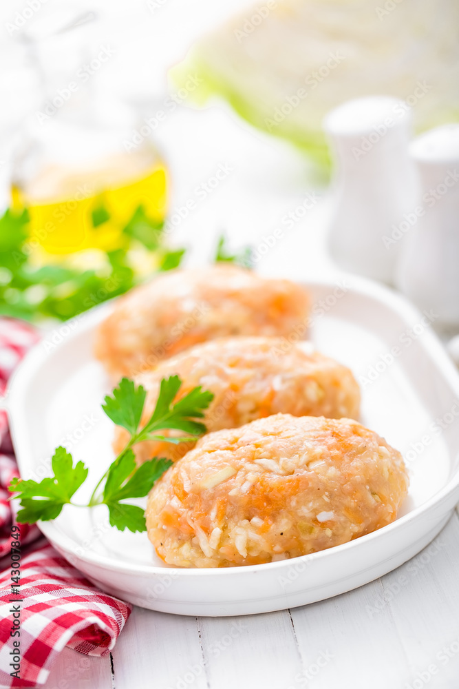 Raw, uncooked meat cutlets with vegetables, baby food Raw, uncooked meat cutlets with vegetables, baby food