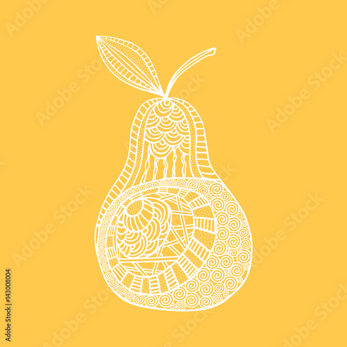 Isolated hand drawn white outline pear on yellow background. Ornament of curve lines.