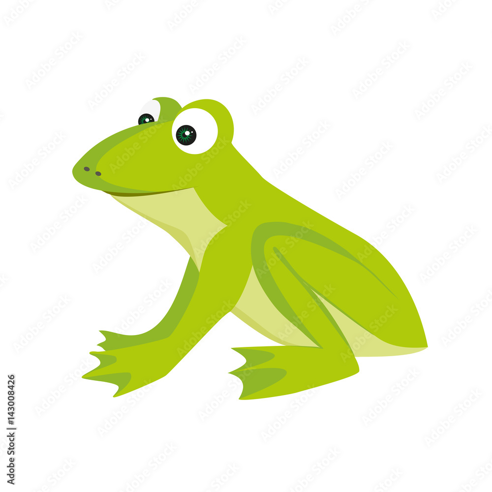Naklejka premium Isolated colored cartoon green color sitting frog with smile on white background.