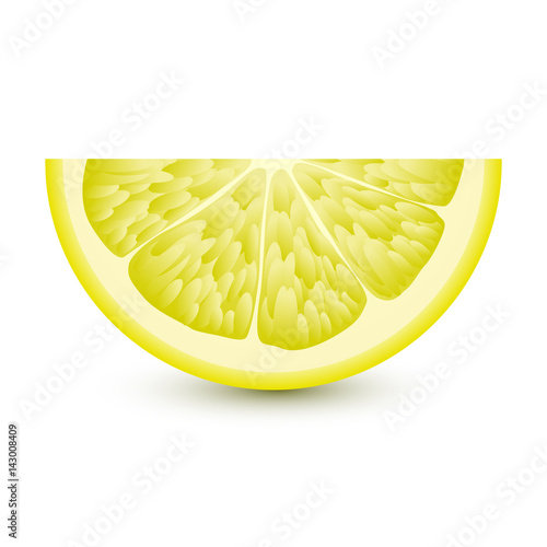 Isolated half of circle juicy yellow color lemon with shadow on white background. Realistic colored slice.