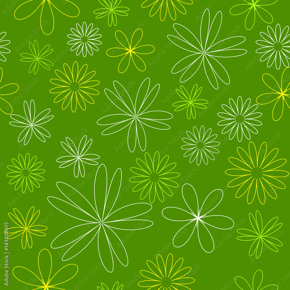 Seamless colored line pattern. Outline yellow flowers on green color background.