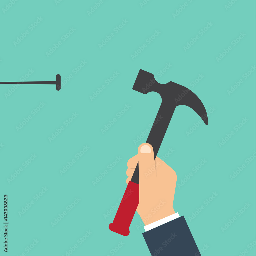 Home repairs concept. Man hammers a nail into a wall. Template construction  work. Holding a hammer in hand. Stock Vector | Adobe Stock