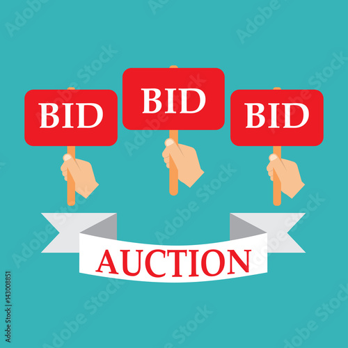 Hands holding auction paddles, vector illustration of auction