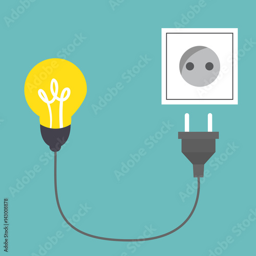 Connect idea. Bulb light, cord electrical plug connected to power socket.