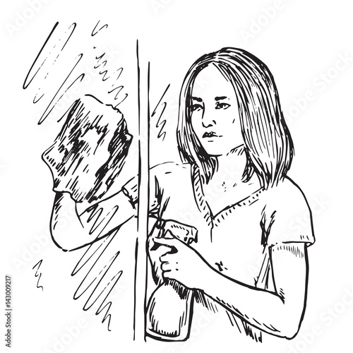 Young housewife washing windows with cleaning cloth and detergent aerosol, hand drawn doodle, sketch in pop art style, black and white vector illustration