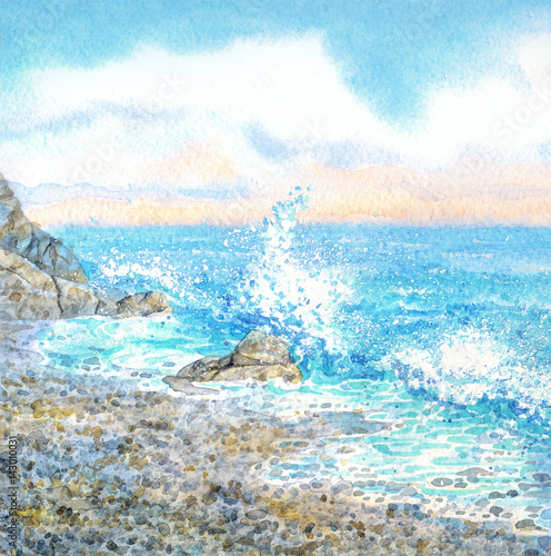 Fototapeta Naklejka Na Ścianę i Meble -  Watercolor seascape. Surf