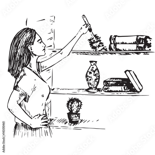 Young housewife wiping the dust with brush on the bookshelf, hand drawn doodle, sketch in pop art style, black and white vector illustration