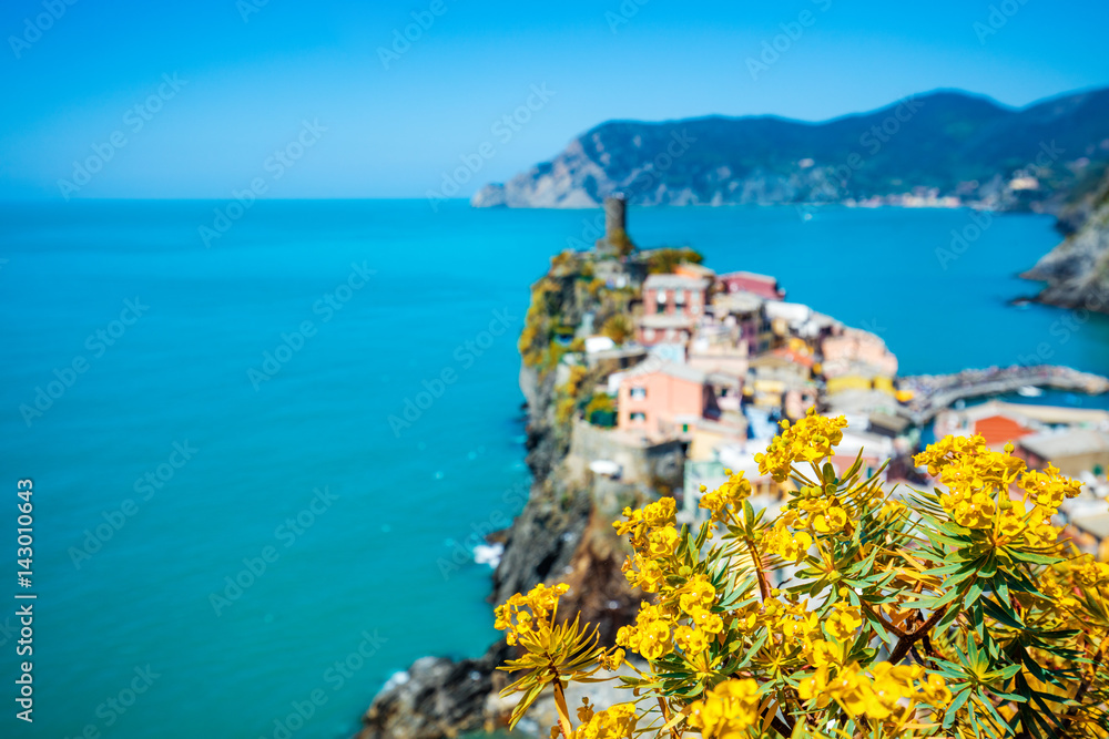 Rocky sea coast. Ligurian sea, view at Vernazza Village, Cinqe Terre, Italy