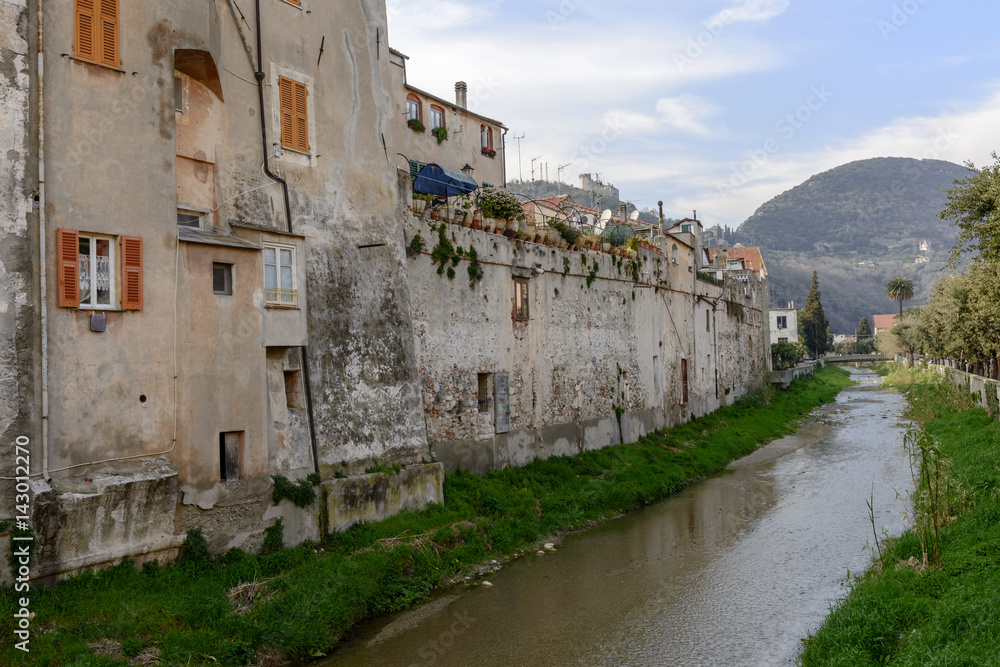 village walls and Aquila creek, Finalborgo, Italy village walls and Aquila creek, Finalborgo, Italy
