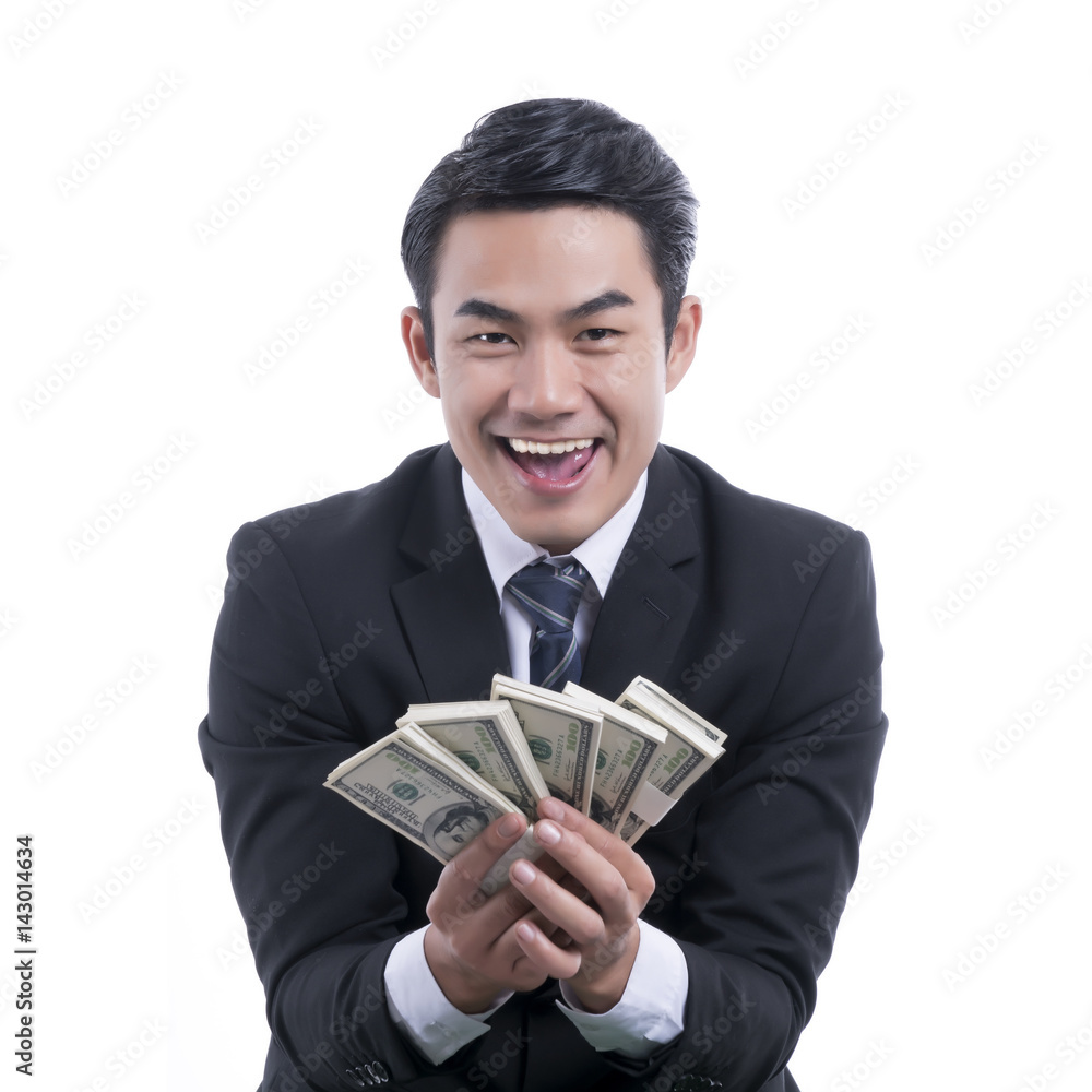 Young businessman holding money on white background Young businessman holding money on white background