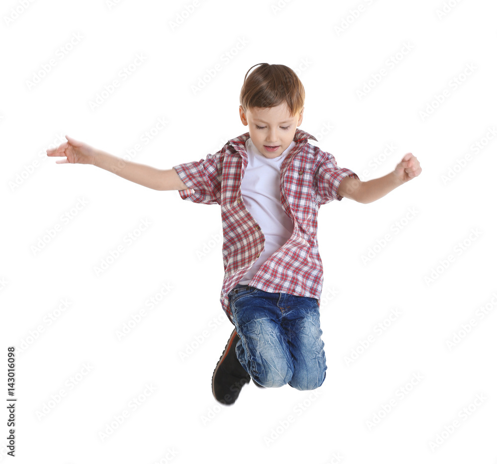 Cute boy jumping on white background Cute boy jumping on white background