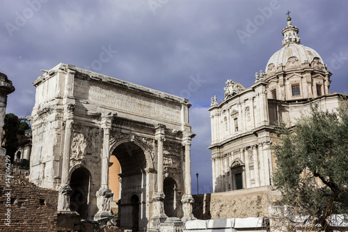 Arch of Septimius Severus with Saints Luca and Martina church in Roman Forum