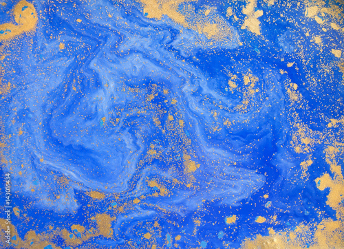 Blue and golden liquid texture, watercolor hand drawn marbling illustration, abstract background