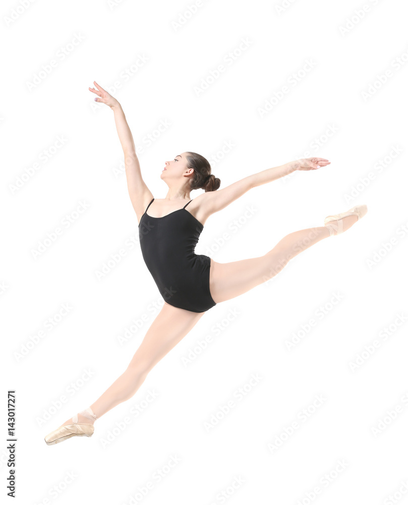 Young beautiful ballerina dancing on white background
