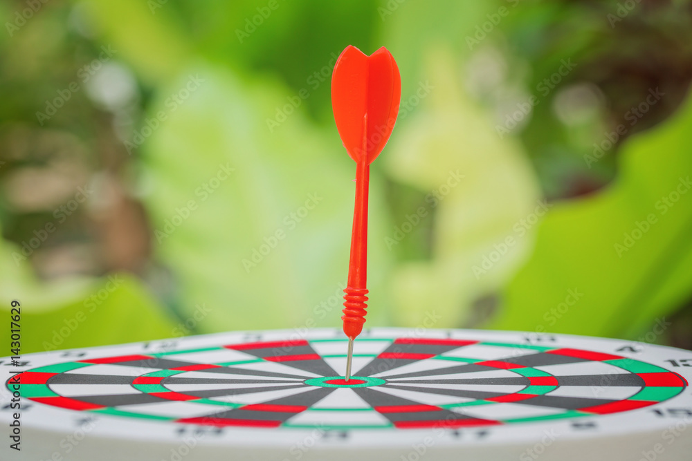 target dart with red arrow with blur green nature background as business goal concept. target dart with red arrow with blur green nature background as business goal concept.
