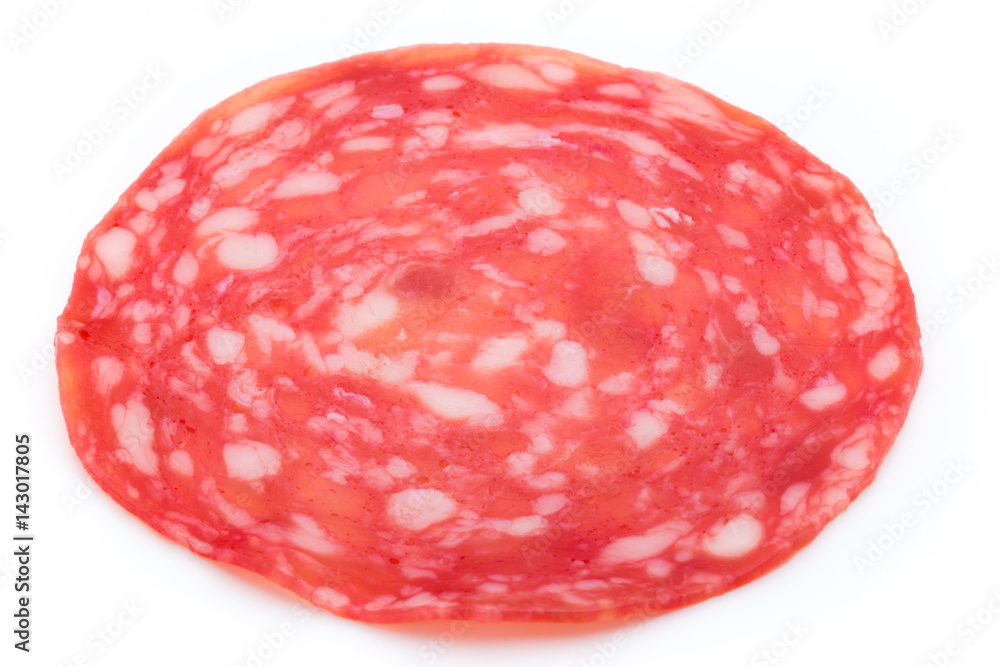 Salami smoked sausage slices isolated on white background cutout. Salami smoked sausage slices isolated on white background cutout.