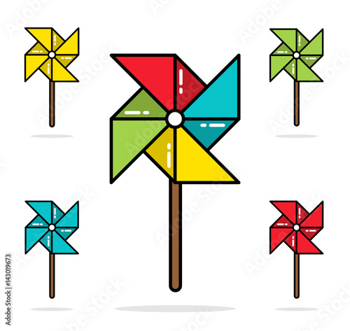 Set of colorful toy pinwheels line flat vector design