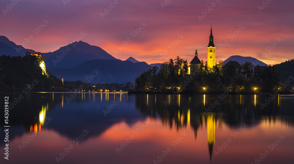 Fairytale, multi-colored dawn over Lake Bled in Slovenia