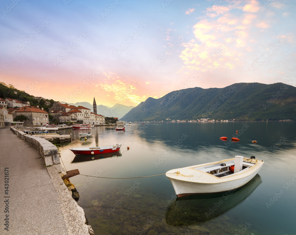 Fototapeta premium Sunrise over the Kotor Bay near Perast, Montenegro