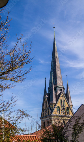church tower of the Flensburg St Nikolai church from distance