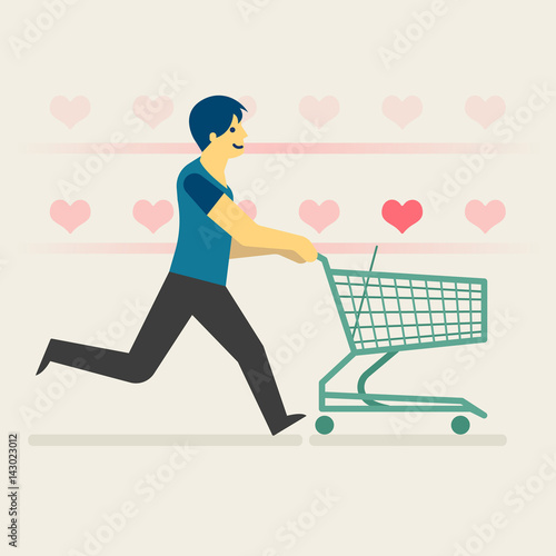 A happy man shopping artificial hearts, Futuristic medical concept illustration