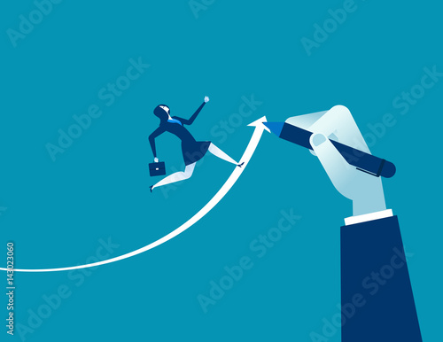 Hand drawn arrow, Helps businesswoman executives to success. Concept business success illustration. Vector cartoon character and abstract