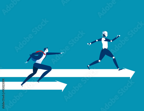 Robot employee competition win a human worker. Concept robot business illustration or future automation, artificial intelligence. Vector cartoon robot character and abstract