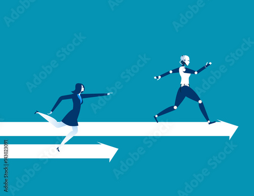 Robot employee competition win a human worker. Concept robot business illustration or future automation, artificial intelligence. Vector cartoon robot character and abstract